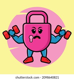 Cute cartoon lock is fitness with barbell in modern style design for t-shirt, sticker, logo element