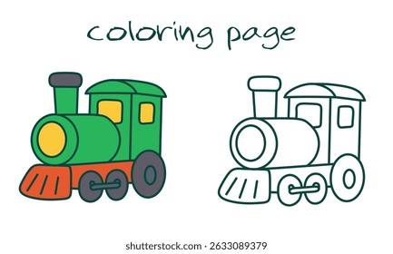 Cute Cartoon Locomotive Coloring Page for Kids – Colored and Outline Version