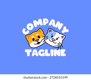 Lindo logotipo de dibujos animados con dos caras amigables de gato y perro con texto de compañía y eslogan. Estilo de Vector plano perfecto para la marca, tiendas de mascotas, startups, pegatinas e identidades de negocios juguetones