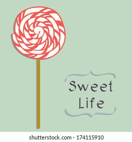 Cute cartoon lollipop in flat style isolated on blue background.