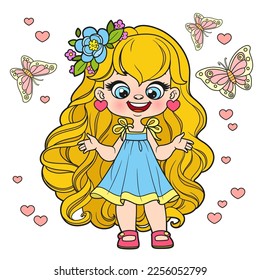 Cute cartoon long curly haired girl in lush dress with butterflies color variation for coloring page on a white background 