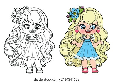 Cute cartoon long curly haired girl in lush dress with butterflies outlined for coloring page on a white background