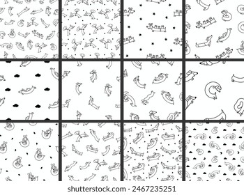 Cute cartoon long dachshund dog. Seamless pattern. Coloring Page. Puppy wagging tail. Funny pet character. Hand drawn style. Vector drawing. Collection of design ornaments.