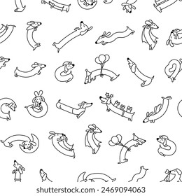 Cute cartoon long dachshund dog. Seamless pattern. Coloring Page. Puppy wagging tail. Funny pet character. Hand drawn style. Vector drawing. Design ornaments.