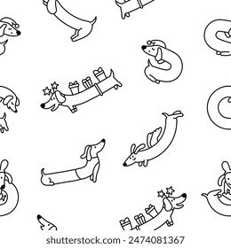 Cute cartoon long dachshund dog. Seamless pattern. Coloring Page. Puppy wagging tail. Funny pet character. Hand drawn style. Vector drawing. Design ornaments.