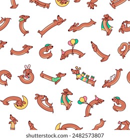 Cute cartoon long dachshund dog. Seamless pattern. Puppy wagging tail. Funny pet character. Hand drawn style. Vector drawing. Design ornaments.