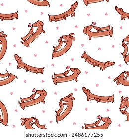 Cute cartoon long dachshund dog. Seamless pattern. Puppy wagging tail. Funny pet character. Hand drawn style. Vector drawing. Design ornaments.