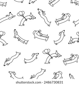 Cute cartoon long dachshund dog. Seamless pattern. Coloring Page. Puppy wagging tail. Funny pet character. Hand drawn style. Vector drawing. Design ornaments.