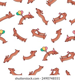 Cute cartoon long dachshund dog. Seamless pattern. Puppy wagging tail. Funny pet character. Hand drawn style. Vector drawing. Design ornaments.