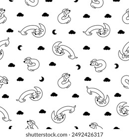 Cute cartoon long dachshund dog. Seamless pattern. Coloring Page. Puppy wagging tail. Funny pet character. Hand drawn style. Vector drawing. Design ornaments.