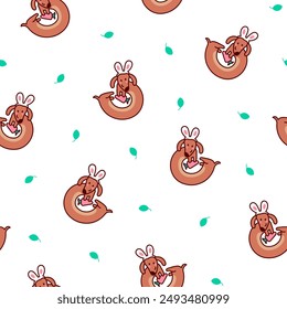 Cute cartoon long dachshund dog. Seamless pattern. Puppy wagging tail. Funny pet character. Hand drawn style. Vector drawing. Design ornaments.