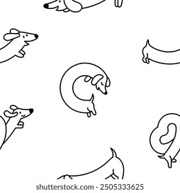 Cute cartoon long dachshund dog. Seamless pattern. Coloring Page. Puppy wagging tail. Funny pet character. Hand drawn style. Vector drawing. Design ornaments.