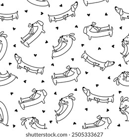 Cute cartoon long dachshund dog. Seamless pattern. Coloring Page. Puppy wagging tail. Funny pet character. Hand drawn style. Vector drawing. Design ornaments.