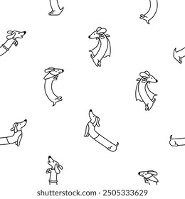 Cute cartoon long dachshund dog. Seamless pattern. Coloring Page. Puppy wagging tail. Funny pet character. Hand drawn style. Vector drawing. Design ornaments.