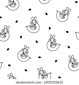 Cute cartoon long dachshund dog. Seamless pattern. Coloring Page. Puppy wagging tail. Funny pet character. Hand drawn style. Vector drawing. Design ornaments.