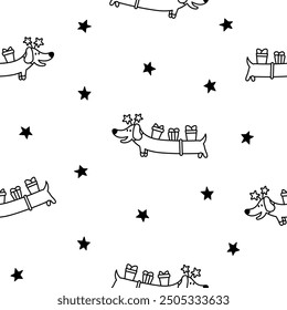 Cute cartoon long dachshund dog. Seamless pattern. Coloring Page. Puppy wagging tail. Funny pet character. Hand drawn style. Vector drawing. Design ornaments.