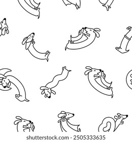 Cute cartoon long dachshund dog. Seamless pattern. Coloring Page. Puppy wagging tail. Funny pet character. Hand drawn style. Vector drawing. Design ornaments.