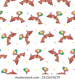 Cute cartoon long dachshund dog. Seamless pattern. Puppy wagging tail. Funny pet character. Hand drawn style. Vector drawing. Design ornaments.