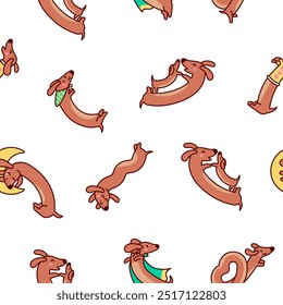 Cute cartoon long dachshund dog. Seamless pattern. Puppy wagging tail. Funny pet character. Hand drawn style. Vector drawing. Design ornaments.