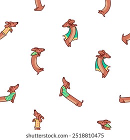 Cute cartoon long dachshund dog. Seamless pattern. Puppy wagging tail. Funny pet character. Hand drawn style. Vector drawing. Design ornaments.