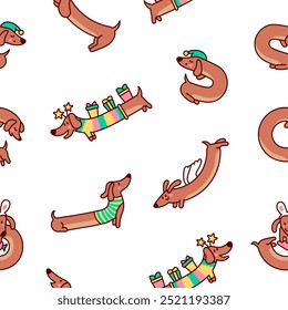 Cute cartoon long dachshund dog. Seamless pattern. Puppy wagging tail. Funny pet character. Hand drawn style. Vector drawing. Design ornaments.