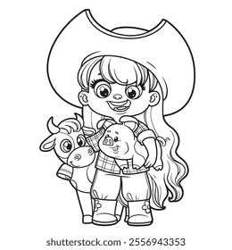 Cute cartoon long haired farmer girl with toy pig and cow outlined for coloring page on white background