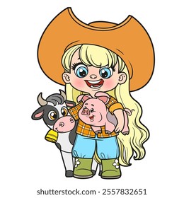 Cute cartoon long haired farmer girl with toy pig and cow on white background. Image produced without the use of any form of AI software at any stage.