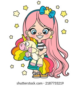Cute cartoon long haired girl with toy unicorn in hands color variation for coloring page on a white background