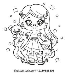 Cute cartoon long haired girl with gift and teddy bear in hands outlined for coloring page on a white background