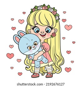 Cute cartoon long haired girl with big toy bunny in hands color variation for coloring page on a white background