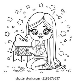 Cute Cartoon, langhaariges Mädchen mit Geschenk in Händen Sich auf weißem Hintergrund, umrissen zum Färben