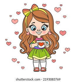Cute cartoon long haired girl with big cup in hands outlined for coloring page on a white background
