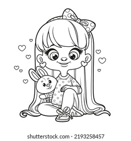 Cute cartoon long haired girl with soft toy bunny in hands sit on a white background outlined for coloring