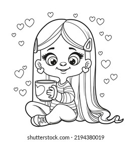 Cute cartoon long haired girl with big cup in hands sit on a white background outlined for coloring page