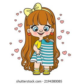 Cute cartoon long haired girl trying on a new dress color variation for coloring page on white background