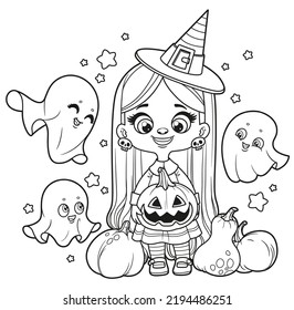 Cute cartoon long haired girl in a Halloween witch costume with pumpkins outlined for coloring page on white background