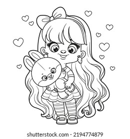 Cute cartoon long haired girl with big bunny in hands outlined for coloring page on a white background