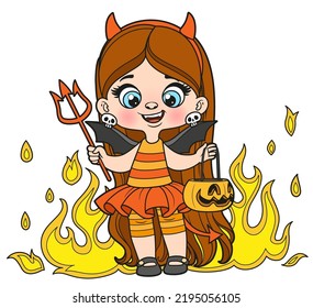 Cute cartoon long haired girl in a Halloween devil costume with pumpkin for sweets color variation for coloring page on white background