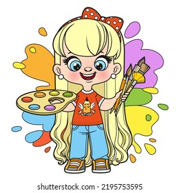 Cute cartoon long haired girl holding the palette with paints and brushes color variation for coloring page on a white background