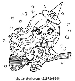 Cute cartoon long haired girl in Halloween witch dress flies on a broomstick outlined for coloring page on white background