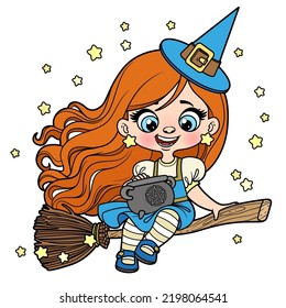 Cute cartoon long haired girl in Halloween witch dress flies on a broomstick color variation for coloring page on white background