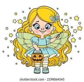 Cute cartoon long haired girl in Halloween fairy dress with pumpkin for sweets color variation for coloring page on white background