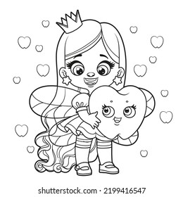 Cute cartoon long haired girl tooth fairy with big tooth outlined for coloring page on white background