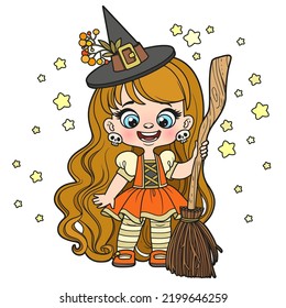 Cute cartoon long haired girl in Halloween witch dress with broom color variation for coloring page on white background