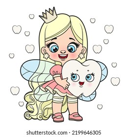 Cute cartoon long haired girl tooth fairy with big tooth color variation for coloring page on white background