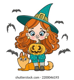 Cute cartoon long haired girl in a Halloween witch costume with jack o lantern and cat color variation for coloring page on white background