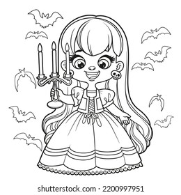 Cute cartoon long haired girl in a Halloween vampire costume with chandelier in hand and bats around outlined for coloring page on white background