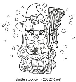 Cute cartoon long haired girl in Halloween witch dress with broom and stars outlined for coloring page on white background