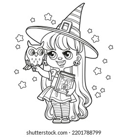 Cute cartoon long haired girl in a Halloween witch costume with textbook in hand and owl outlined for coloring page on white background