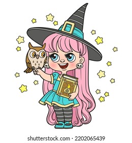 Cute cartoon long haired girl in a Halloween witch costume with textbook in hand and owl color variation for coloring page on white background